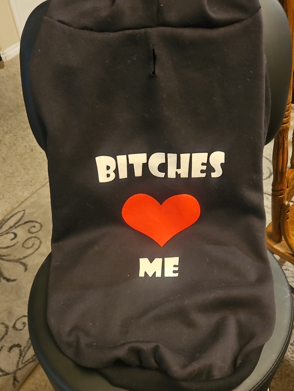 Black Dog Hoodie with Red Heart Graphic